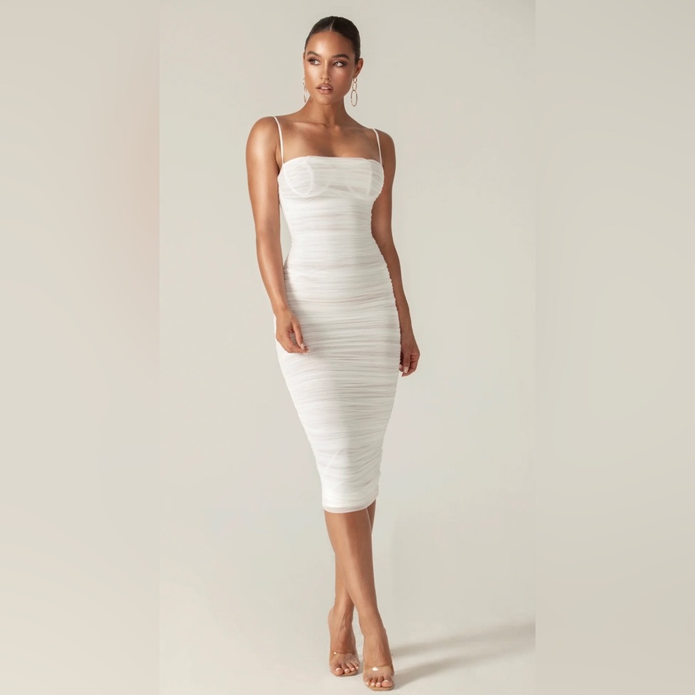 ALIEVA Justina Rushed Organza Mesh Midi Dress